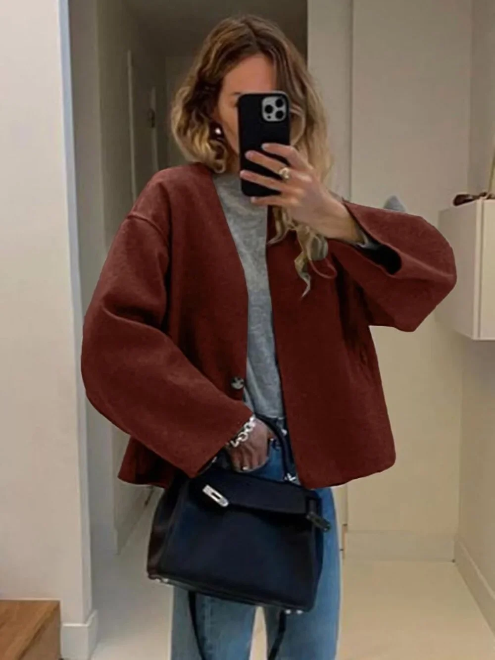 Women Brickred Wool Blend Cropped Collarless Long Sleeve Short Fall Pea Overcoat